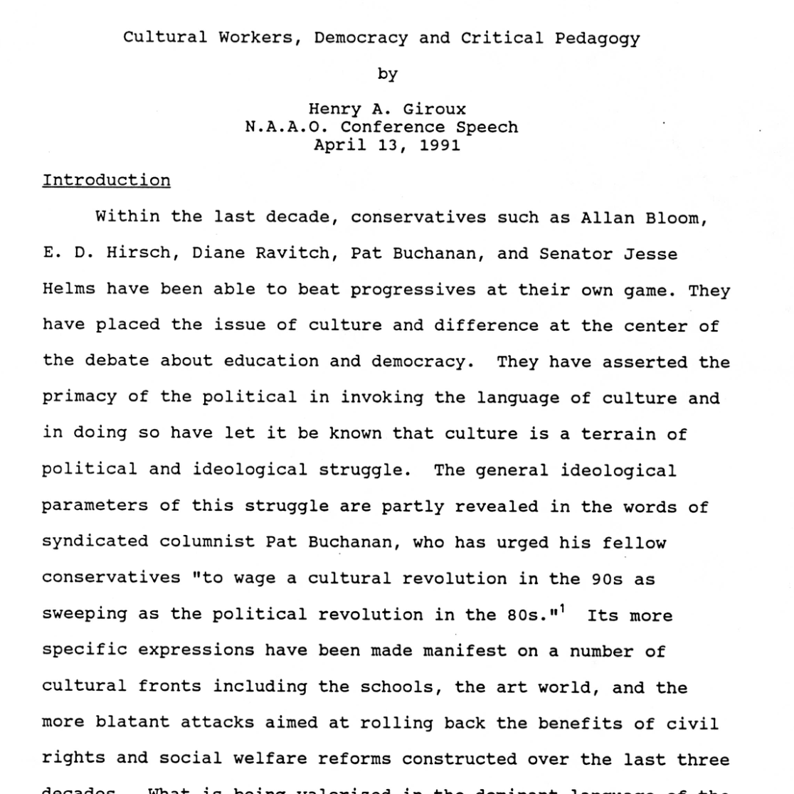 7th NAAO National Conference, Washington, D.C., 1991: Speech and Essay by Henry A. Giroux