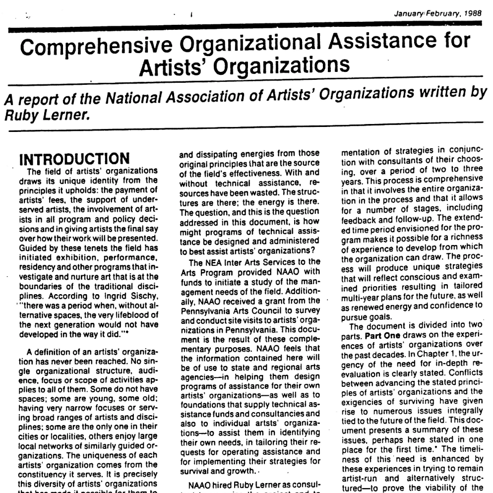 NAAO Commissioned Report, “Comprehensive Organizational Assistance for Artists’ Organizations” by Ruby Lerner – January/February 1988