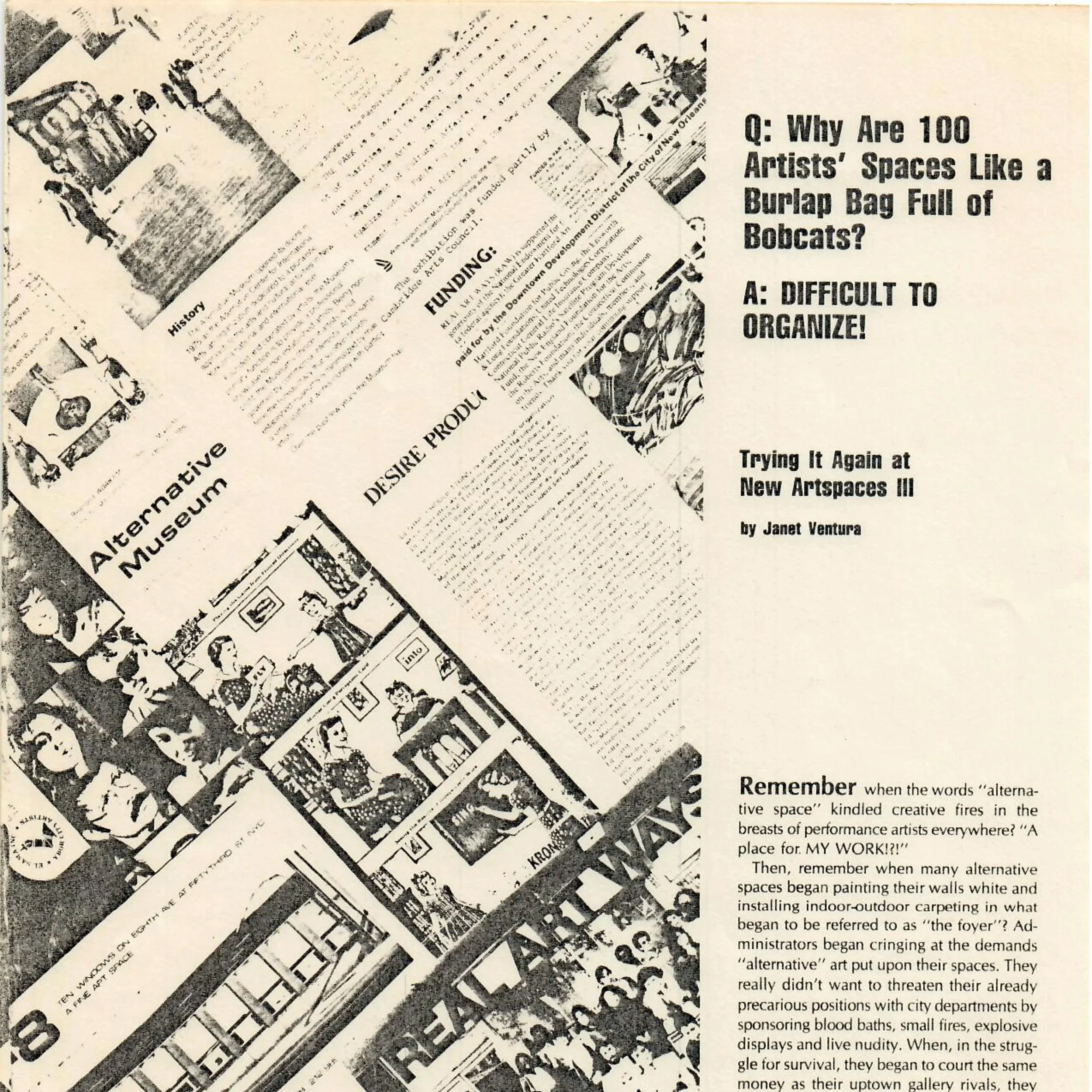 “Trying It Again at New Artspaces III” by Janet Ventura in High Performance Magazine, Fall 1982