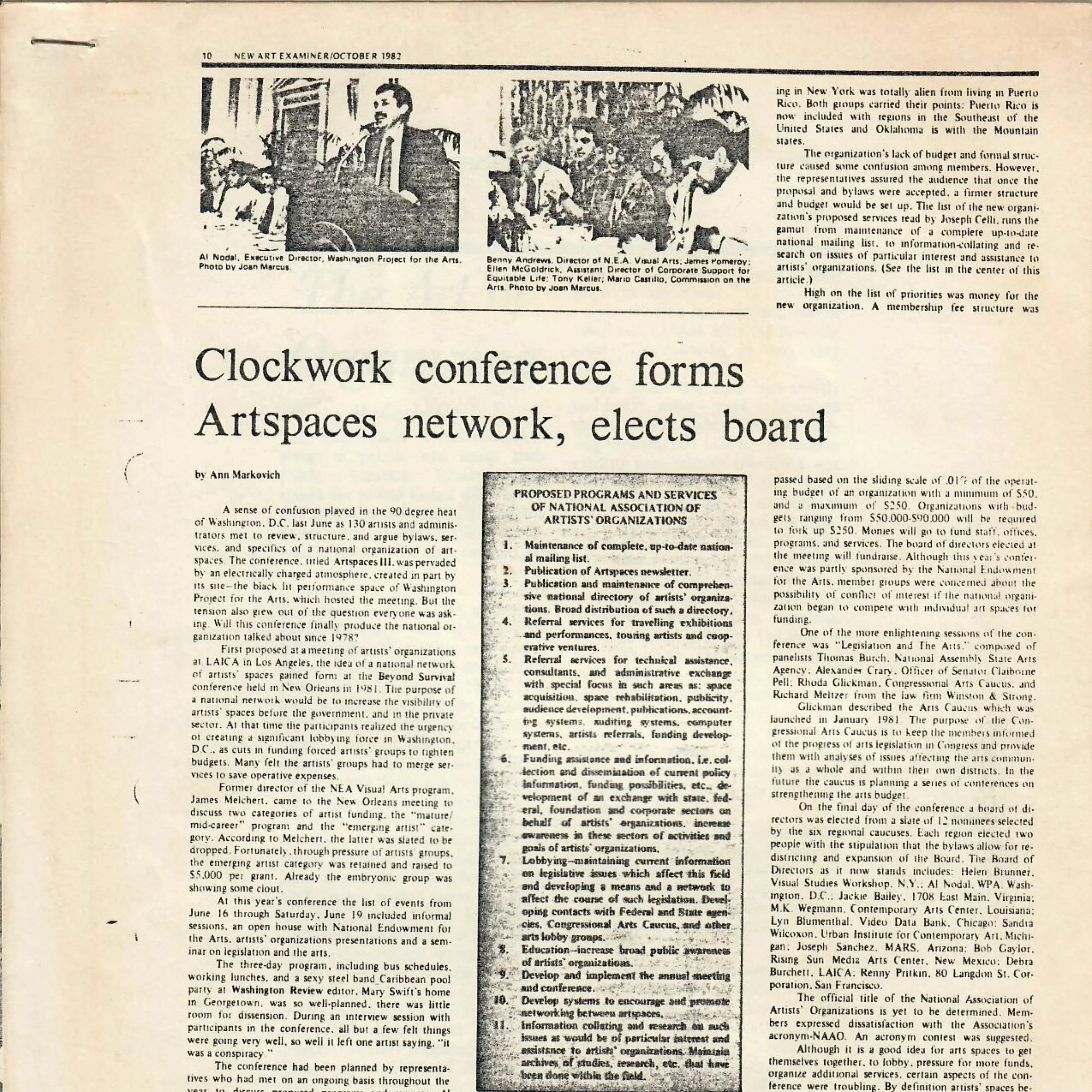 “Clockwork conference forms Artspaces network, elects board” by Ann Markovich in the New Art Examiner, October 1982