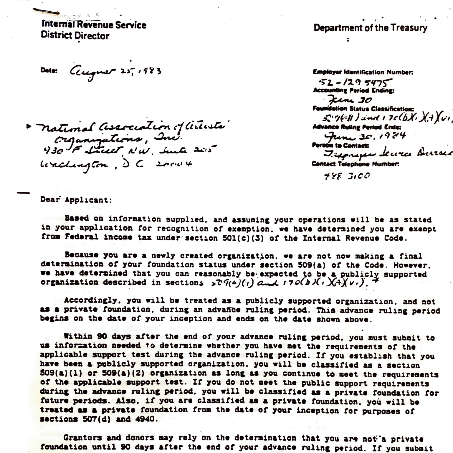 NAAO 501c3 Verification, August 1983