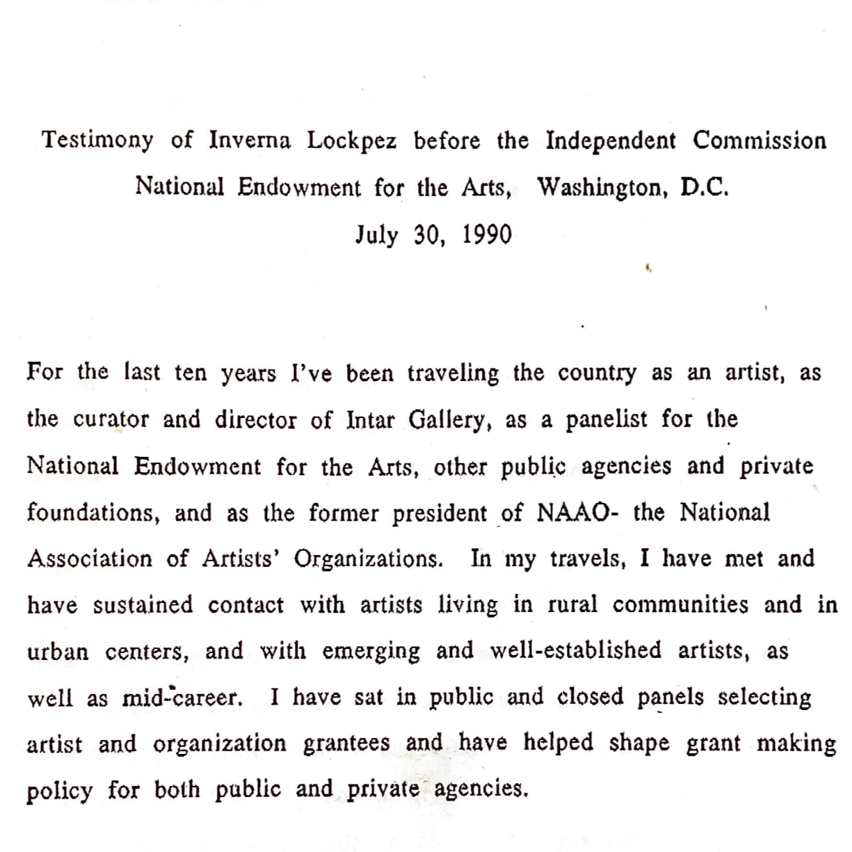 Testimony of Inverna Lockpez before the before the Independent Commission on the NEA, July 30, 1990