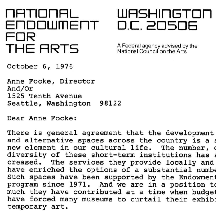 Invitation for Anne Focke to attend NEA Visual Arts Alternative Spaces Meeting Called By Brian O’Doherty, October 6, 1976