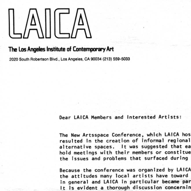 The New Artsspace Conference, Los Angeles, 1978: LAICA Response Letter 