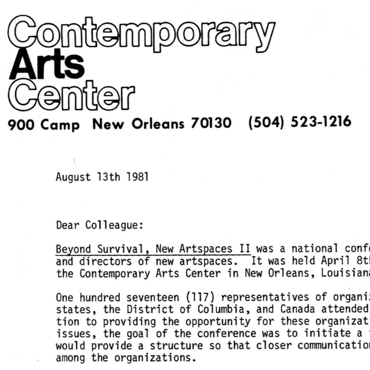 Letter from M.K. Wegmann (Contemporary Arts Center New Orleans) about the steering committee formed after the New Artspaces II Conference, 1981