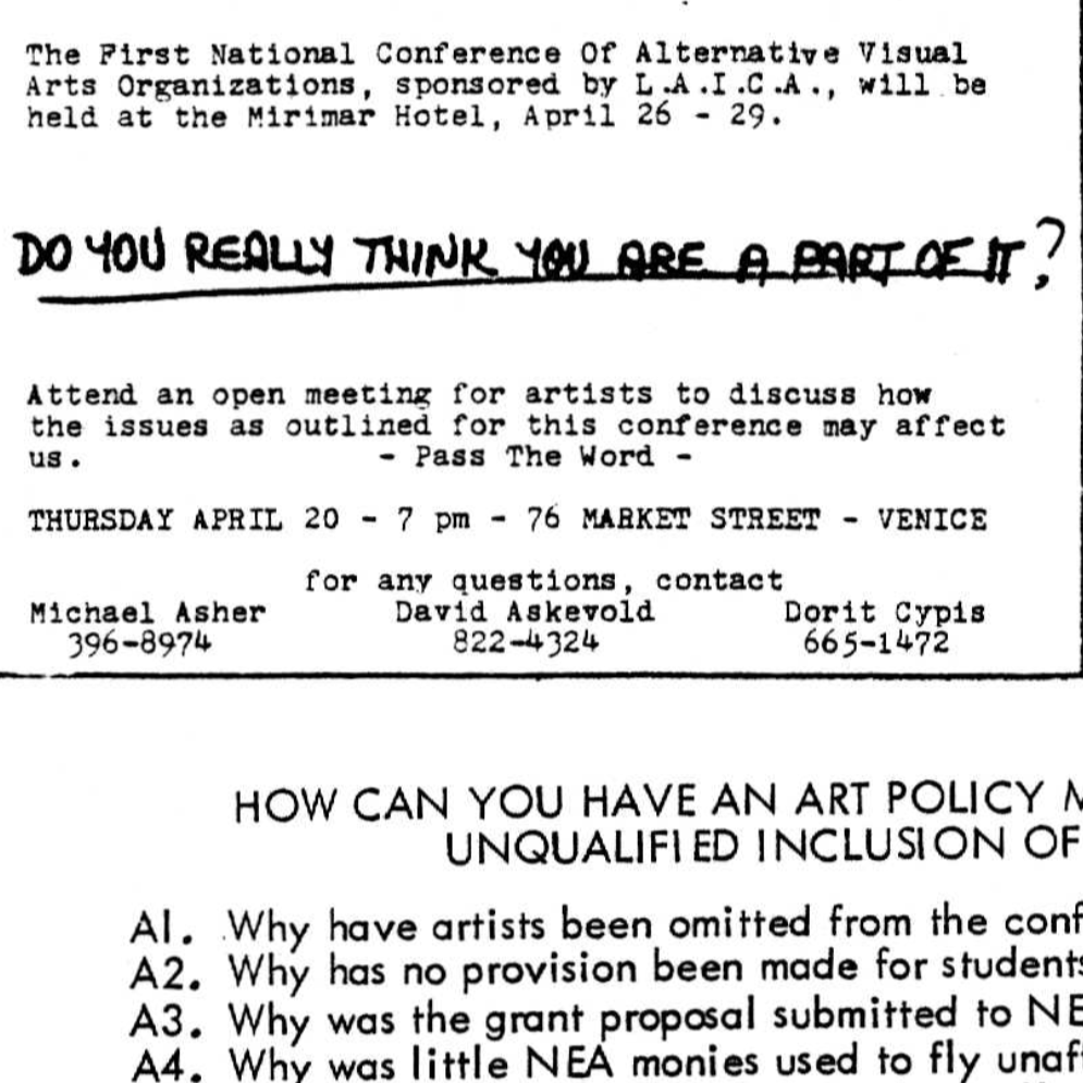 The New Artsspace Conference, Los Angeles, 1978: Conference Reactions and Related Materials