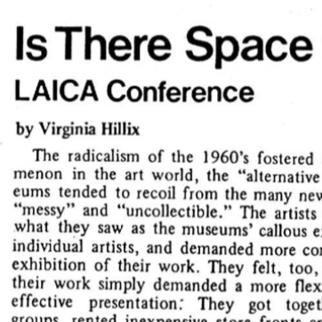 “Is There Space for Alternatives? LAICA Conference,” by Virginia Hillix, New Art Examiner, June 1978