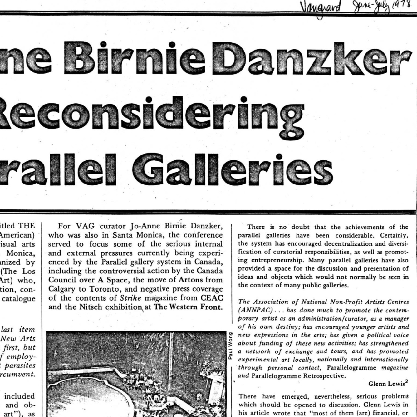 “Jo-Anne Birnie Danzker Reconsidering Parallel Galleries,” author unknown, Vanguard, June-July 1978 