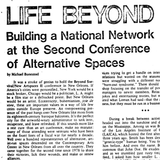 “Life Beyond Survival: Building a National Network at the Second Conference of Alternative Spaces,” by Michael Bonesteel, New Art Examiner, June 1981
