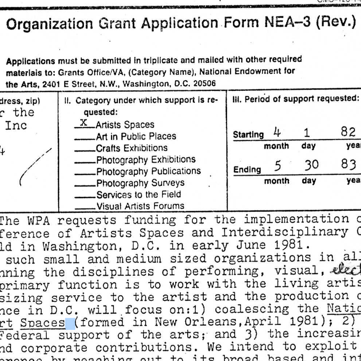 New Artspaces III Conference, Washington Project for the Arts, DC, 1982: NEA Grant Application and Supplementary Materials