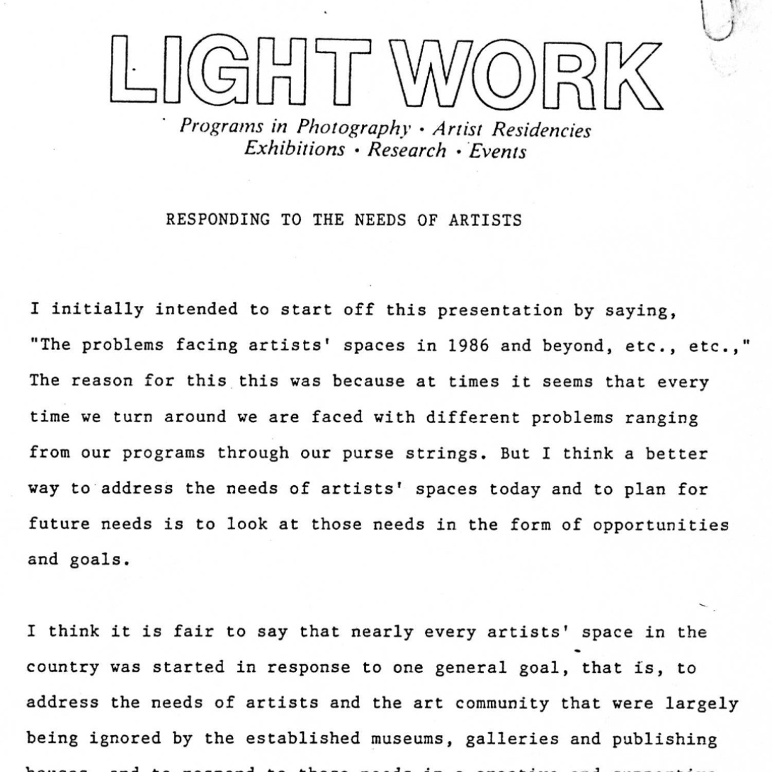 Paper by Jeff Hoone for the Artists Organizations Symposium by Visual Studies Workshop, 1986