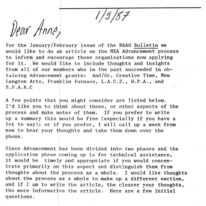 Correspondence about NAAO Bulletin, January 1987
