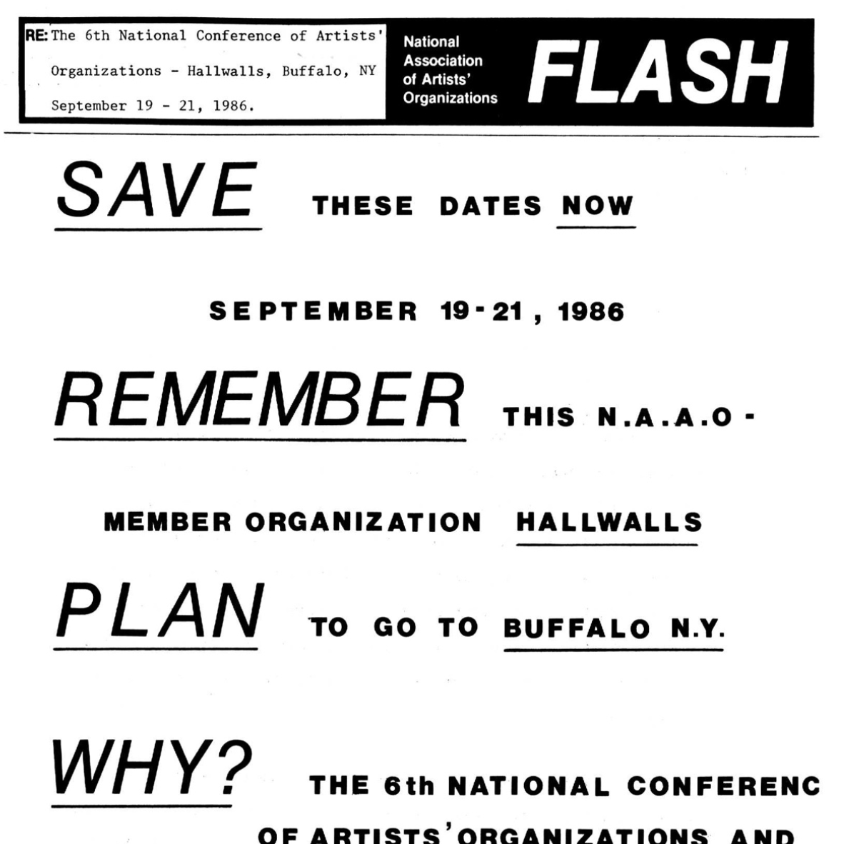 NAAO Flash Announcing Untitled (Conference), Buffalo, NY – sent December 1985