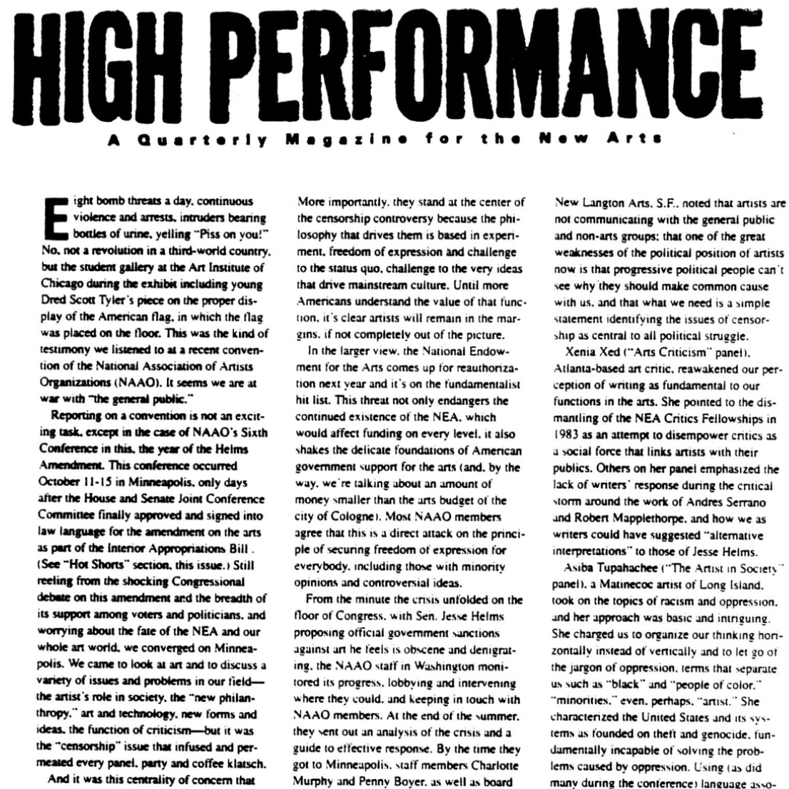 Article by Linda Burnham in High Performance Magazine reporting on NAAO Minneapolis Conference, 1989