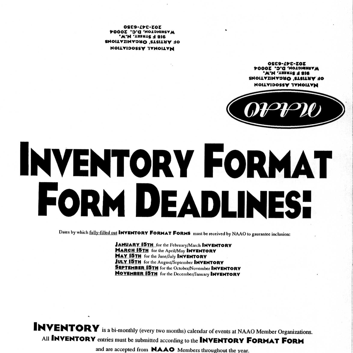NAAO Inventory and Calendar Format Forms Mailer