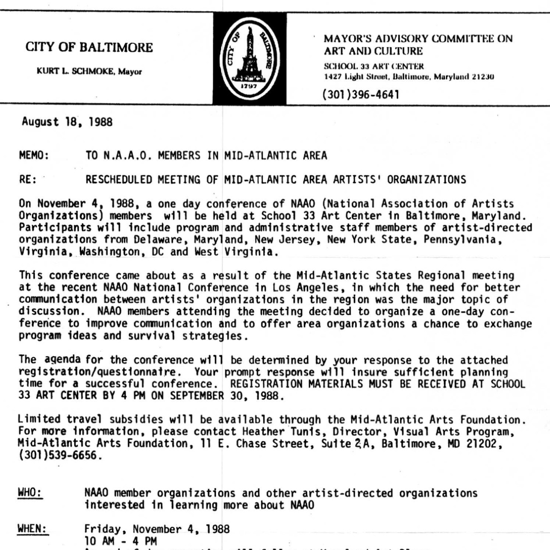NAAO Mid-Atlantic Regional Conference,  Baltimore, November 1988: Invitation with Interest Questionnaire and Travel Assistance Form  