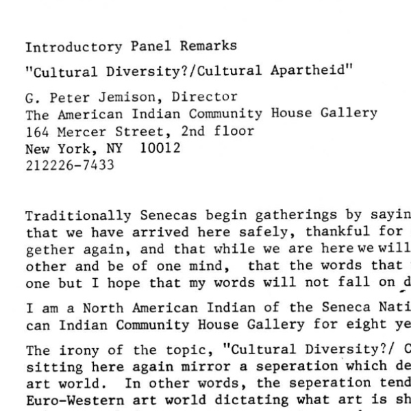 NAAO Houston National Conference, 1985: Peter Jemison Panel Remarks 