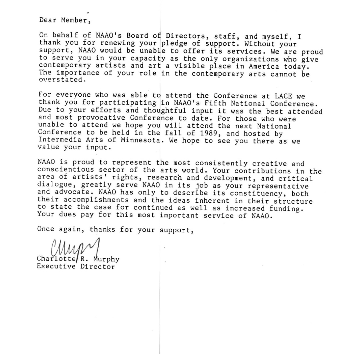 NAAO at LACE National Conference, Los Angeles, 1988: Thank You Letter for Members