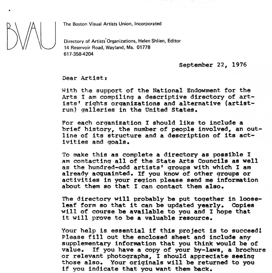 Directory of Artists' Organizations by Boston Visual Arts Union: Planning Correspondence and Submission Form, 1976