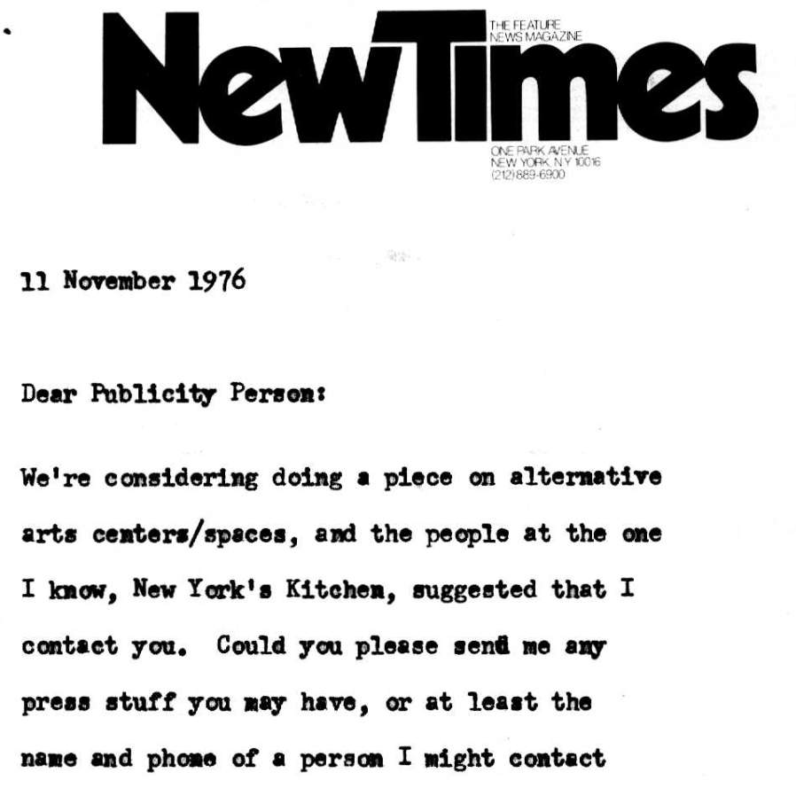 Correspondence with New Times Magazine about a possible article on alternative arts spaces, 1976