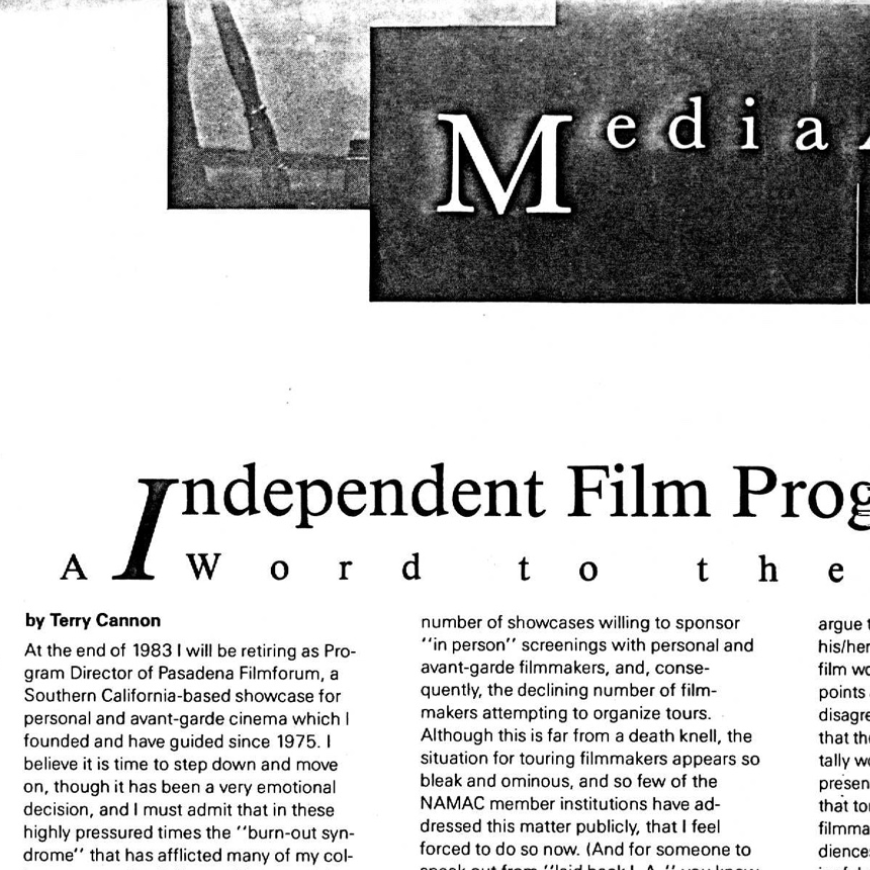 “Independent Film Programing: A Word to the Wise” by Terry Cannon, Media Arts, 1983