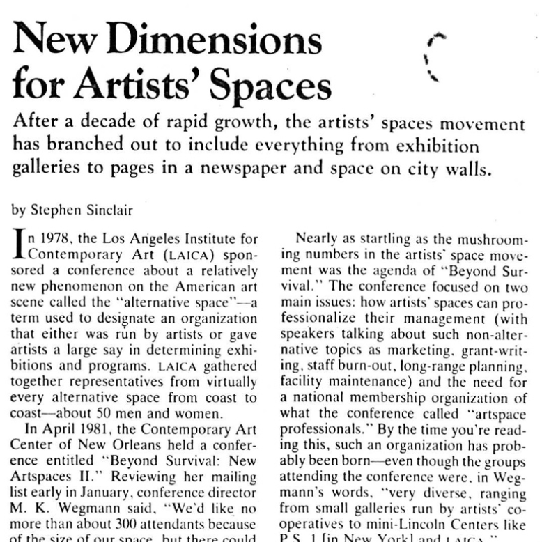 “New Dimensions for Artists' Spaces” by Stephen Sinclair, Cultural Post, May-June 1981