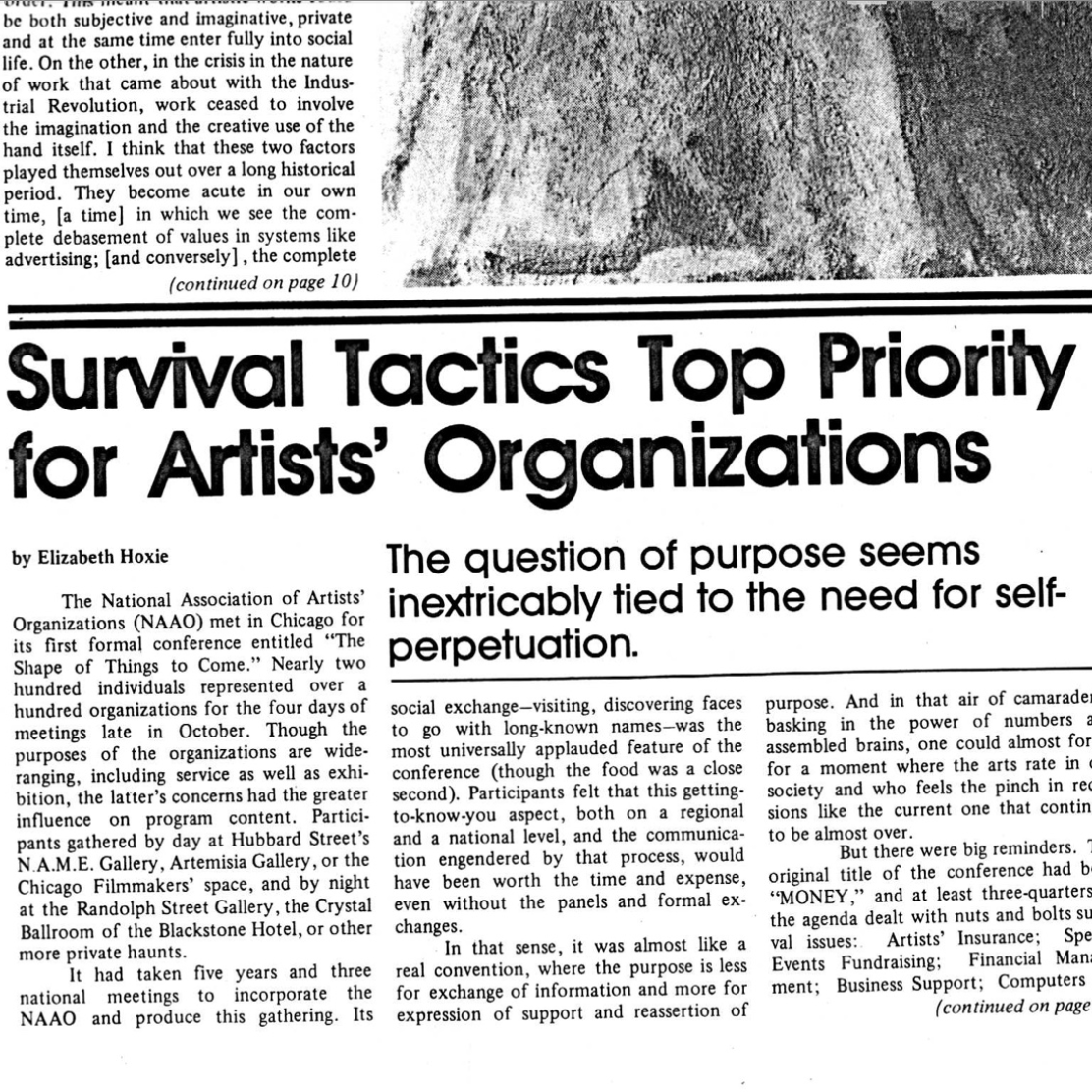 “Survival Tactics Top Priority for Artists' Organizations” by Elizabeth Hoxie, New Art Examiner, December 1983