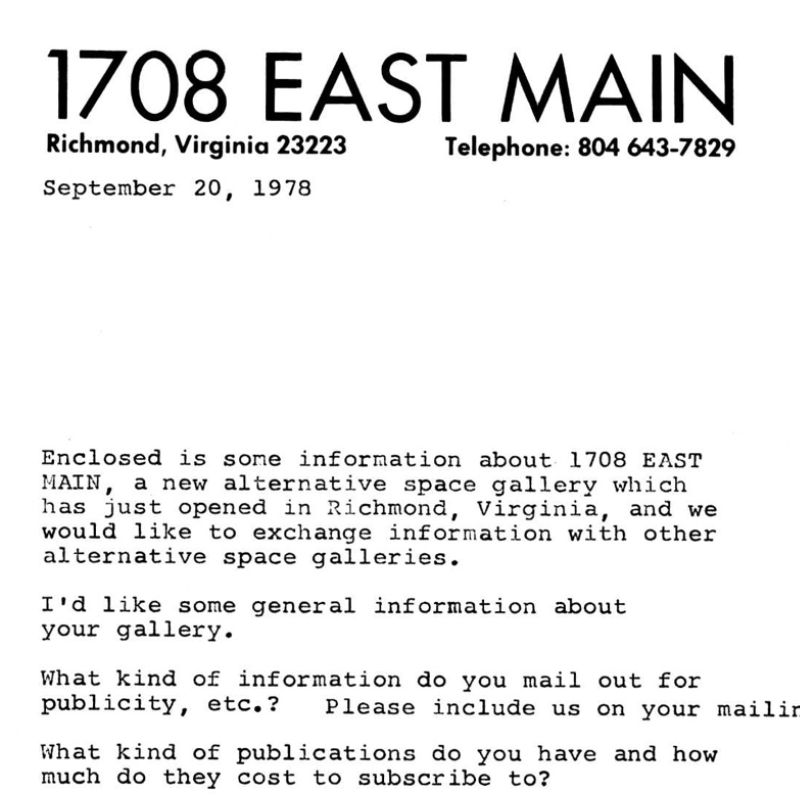 Correspondence from 1708 EAST MAIN to other alternative space galleries, October 1978