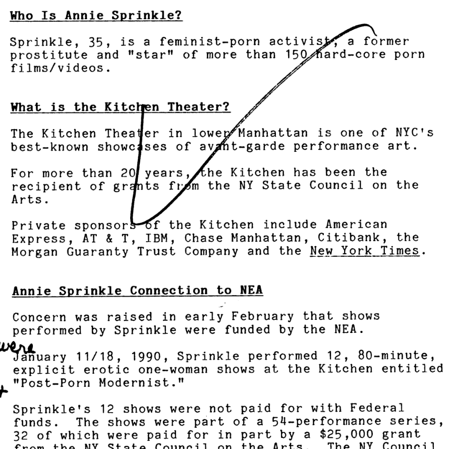 Memo from Mary Hayter to Senator Heinz about Annie Sprinkle, April 1990