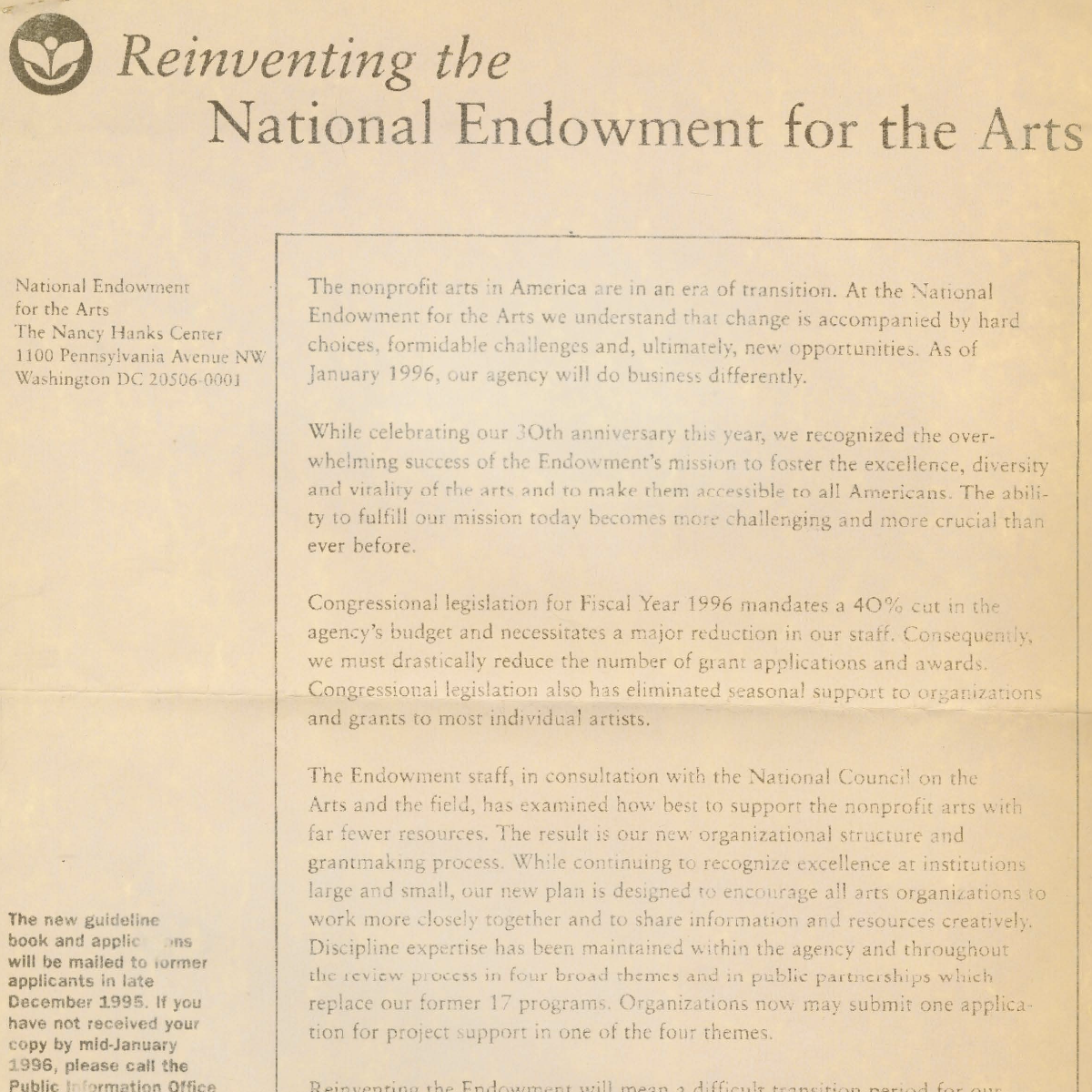 Fax to NAAO Board Members, “Reinventing theNational Endowment for the Arts,” December 1995