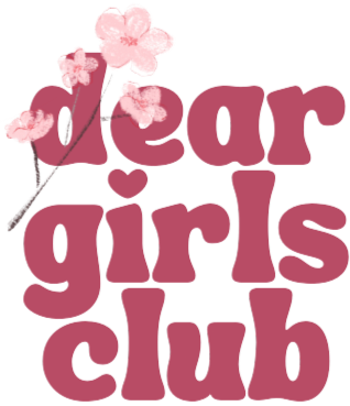 Pink cherry blossoms with the words "Dear Girls Club" in large, pink, bubble-style font.