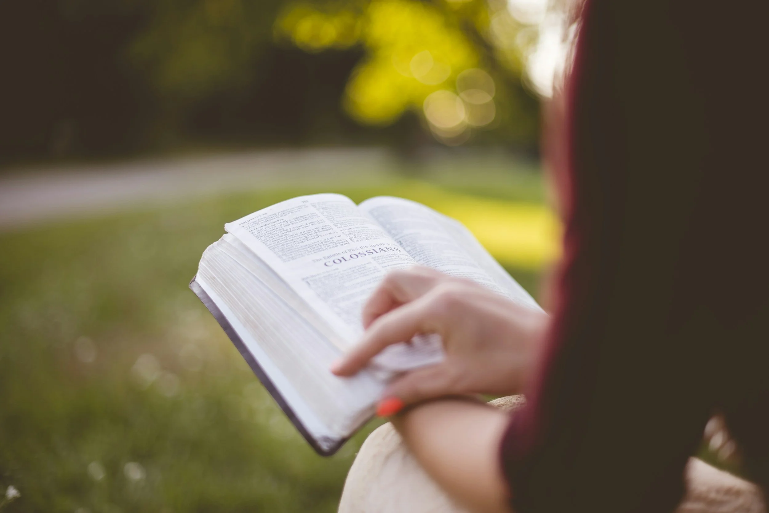 Person holding an open book outdoors with blurred green foliage in the background.