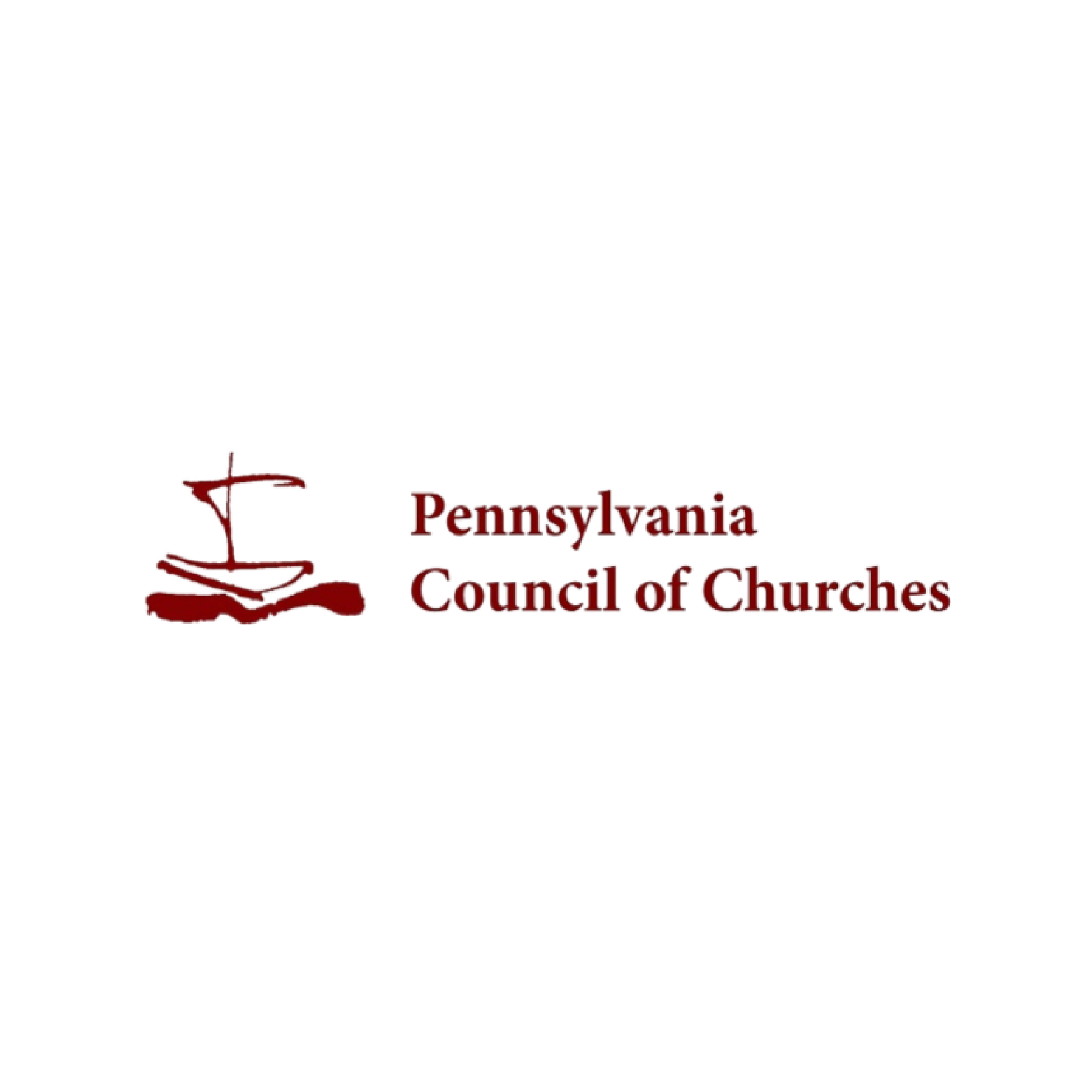 Logo of Pennsylvania Council of Churches featuring a stylized red cross and boat, with text in burgundy reading 'Pennsylvania Council of Churches'.