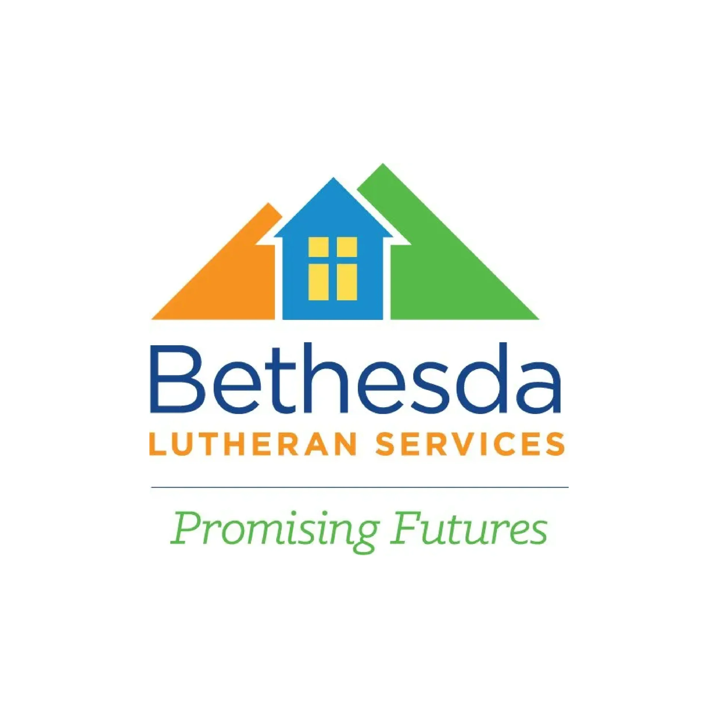 Logo for Bethesda Lutheran Services featuring colorful overlapping triangles and a house icon.