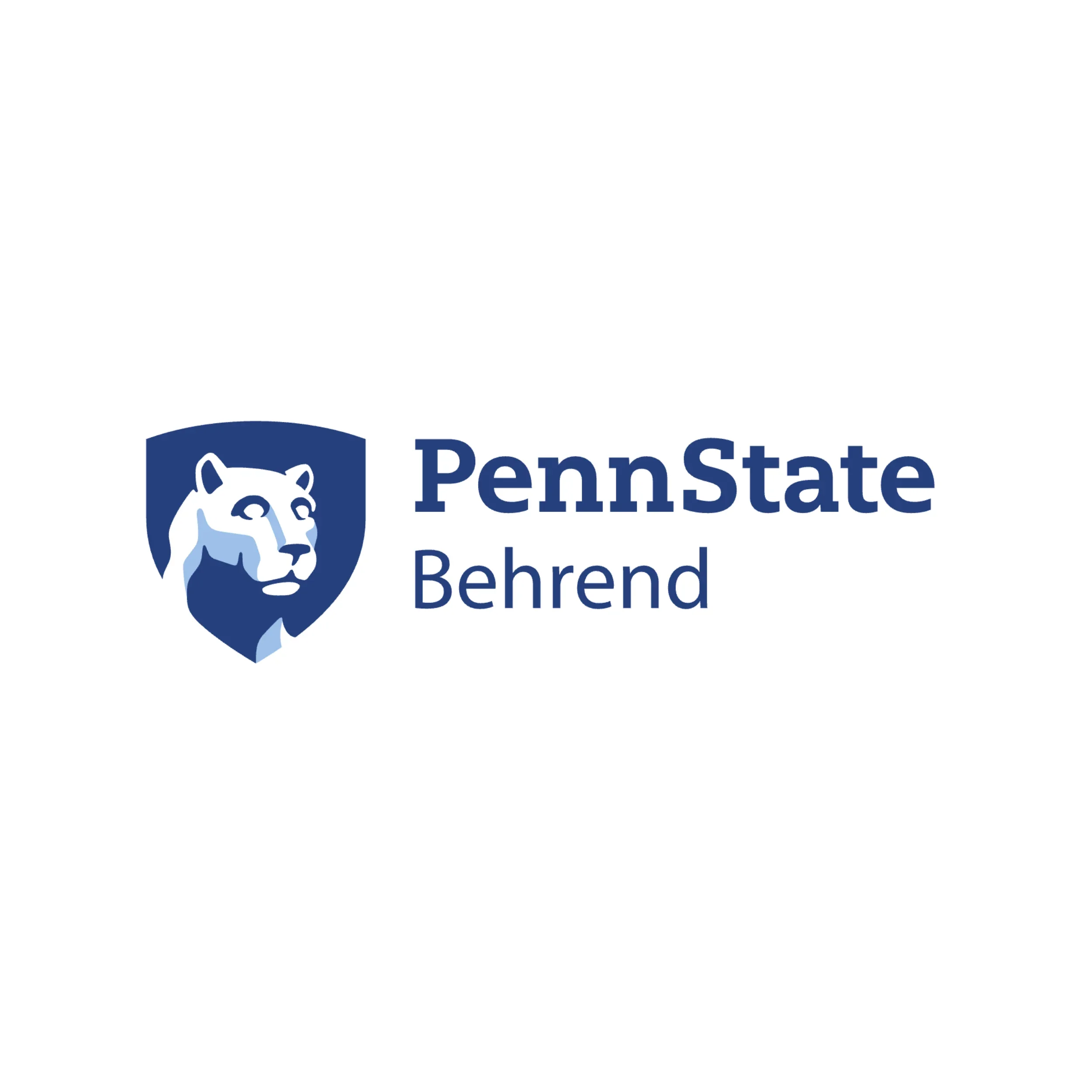 Penn State Behrend logo featuring a white lion's face on a blue shield with the text 'Penn State Behrend' next to it.