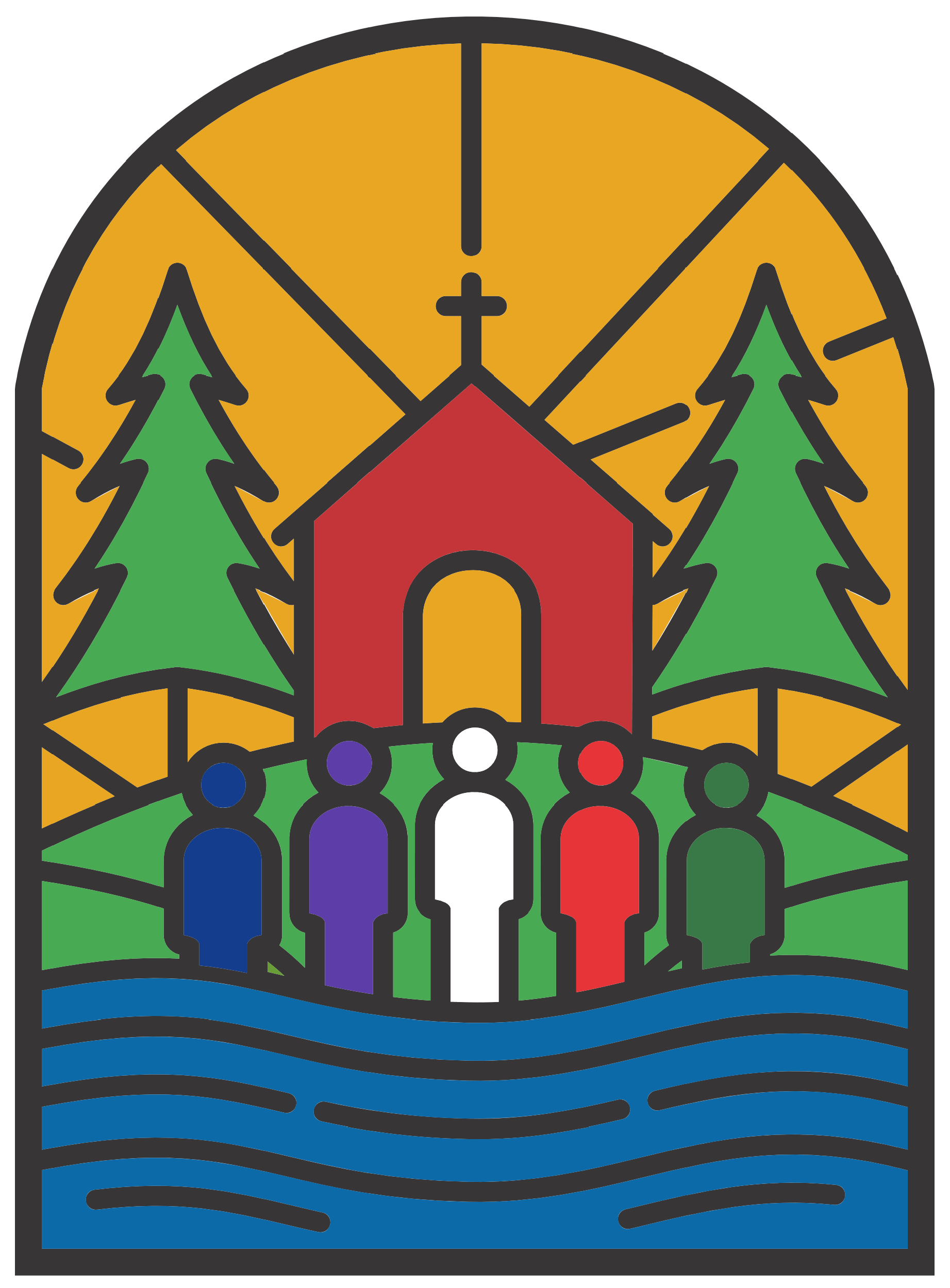 Colorful stained glass window design with a church, trees, and a group of people, featuring a rainbow and water motif.