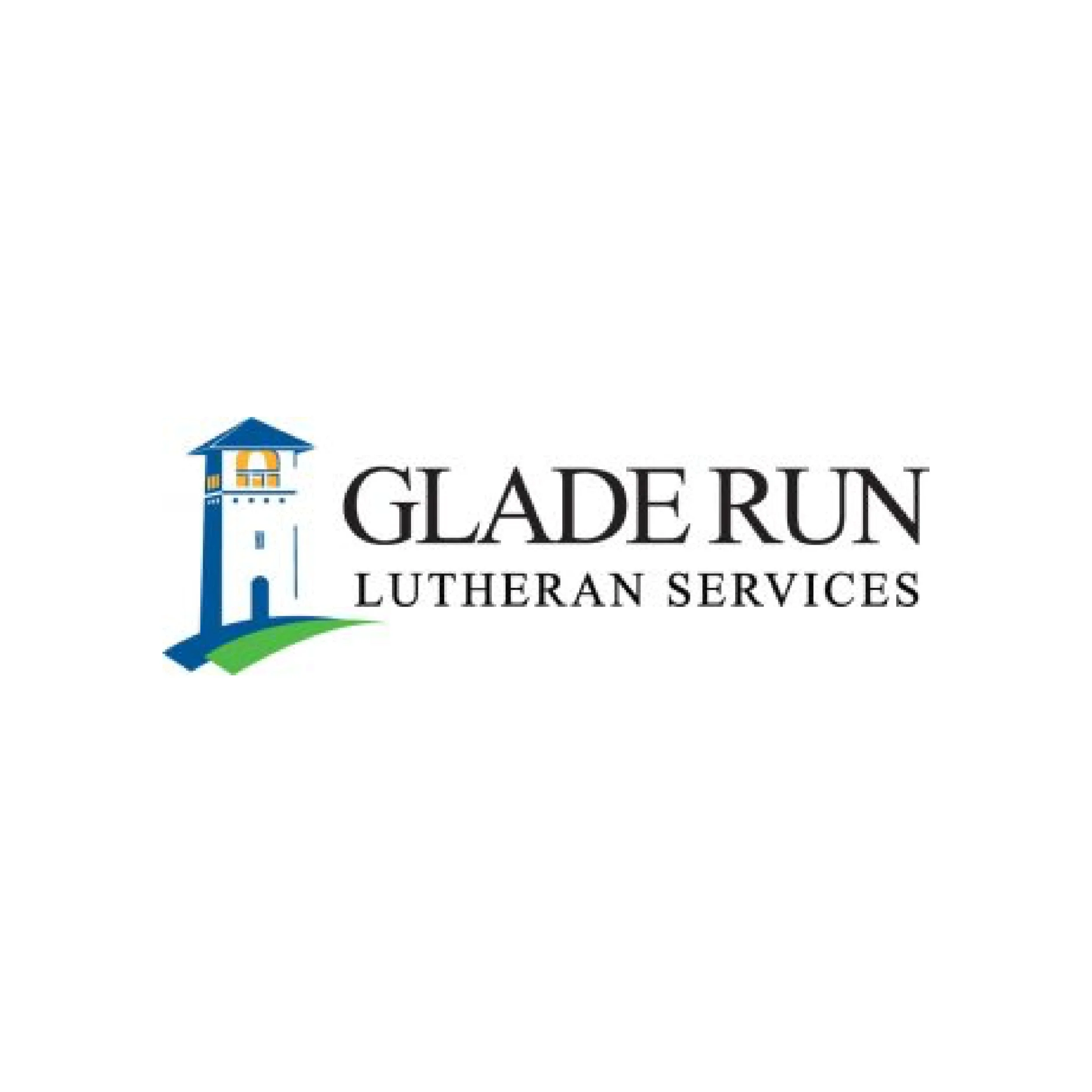 Logo for Gladewin Lutheran Services featuring a blue lighthouse with a yellow window, green base, and blue roof, accompanied by the organization's name in black text.