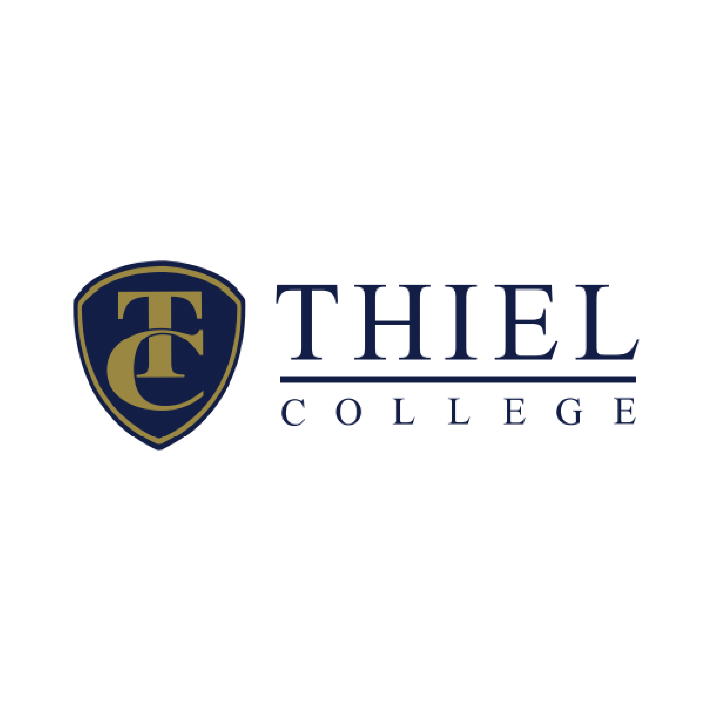Part of the logo for Thiel College, featuring a navy circle with gold accents and the text 'THIEL COLLEGE' in navy.