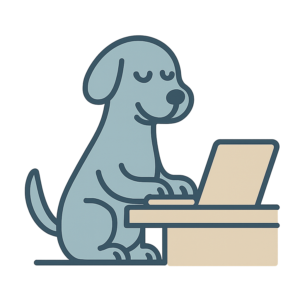 A logo showing a dog working at a computer in warm neutral colors