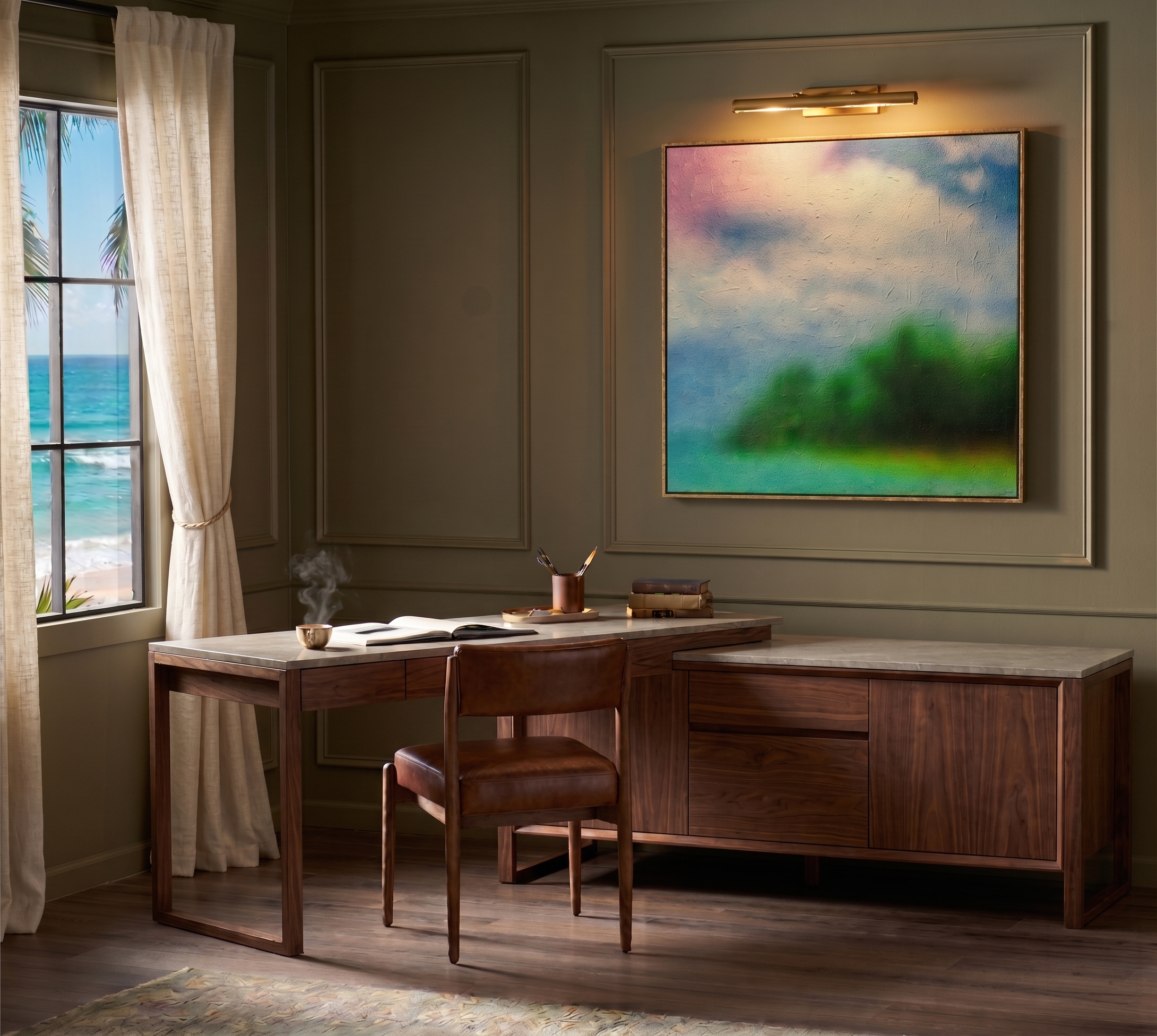 A placement example showing the painting in a darker, more grounded interior, where the lionfish texture gives the luminous coastal color added weight and presence.
