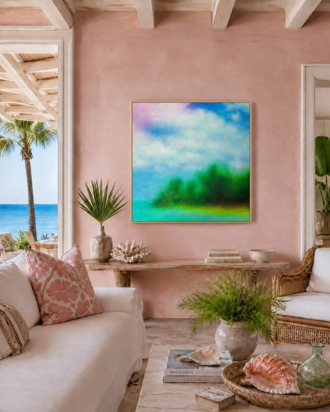 A placement example showing You Could Stay in a thin gold frame (not included) hanging in a refined coastal interior with soft pink textured walls, open light, and views of the water.