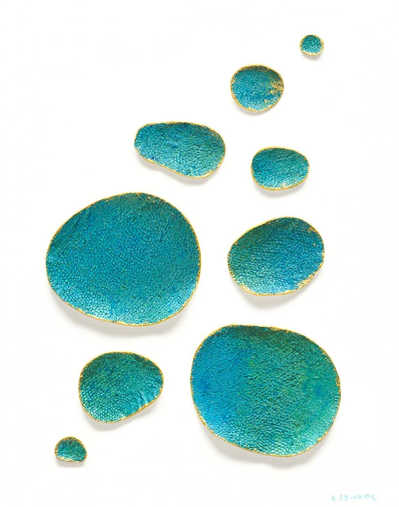 Tranquility
 14 x 11 x 1 in
Invasive lionfish leather, acrylic, gold leaf, on canvas
Framed size: 15 3/8 × 12 × 2 in. Presentation: white floating frame.