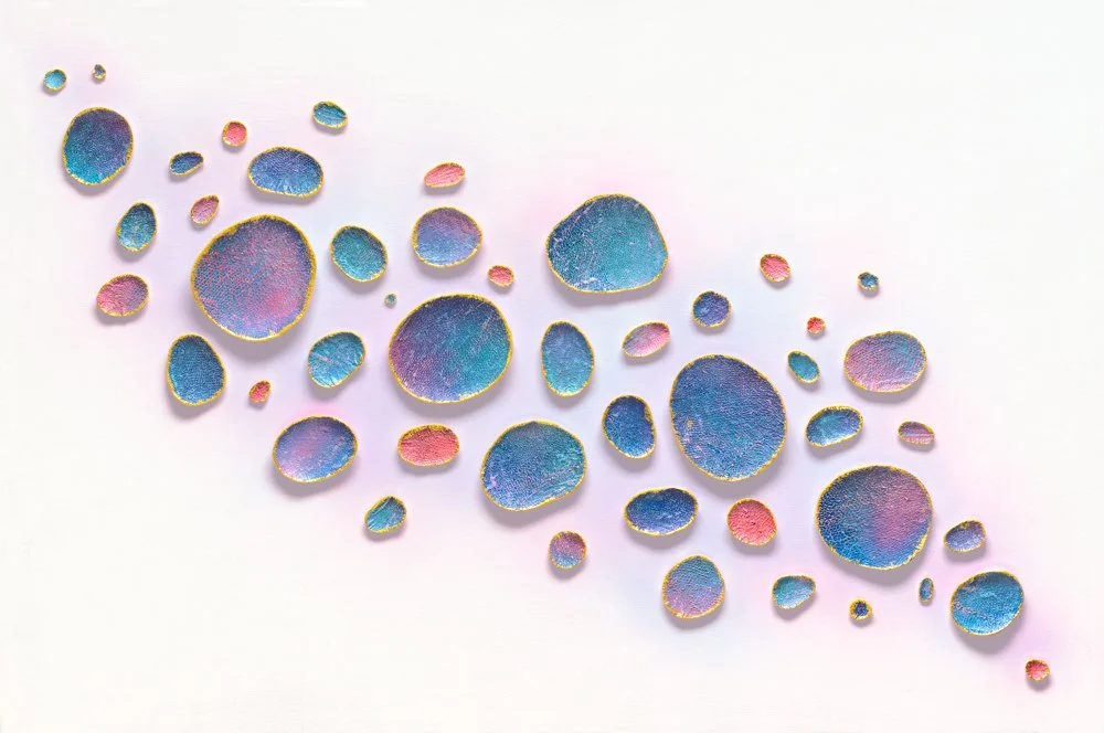 Daydreaming About My Love
24 x 36 x 1 in
Invasive lionfish leather, acrylic, gold leaf, on gallery-wrapped canvas