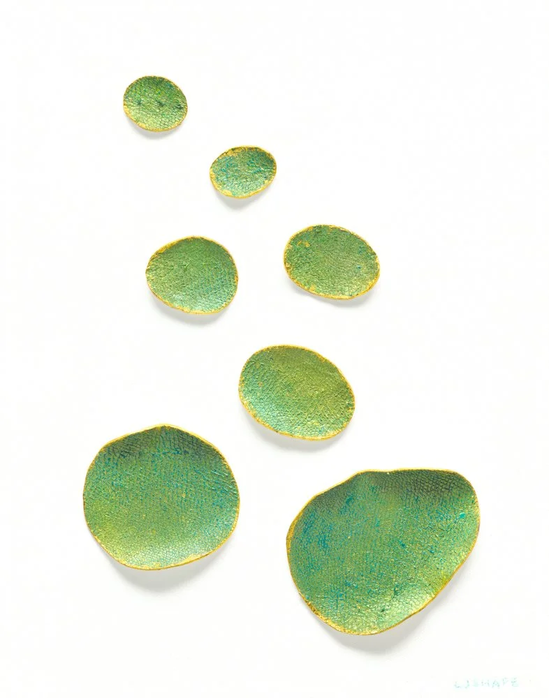 Harmony
14 x 11 x 1 in
Invasive lionfish leather, acrylic, gold leaf, on canvas
Framed size: 15 3/8 × 12 × 2 in. Presentation: white floating frame.