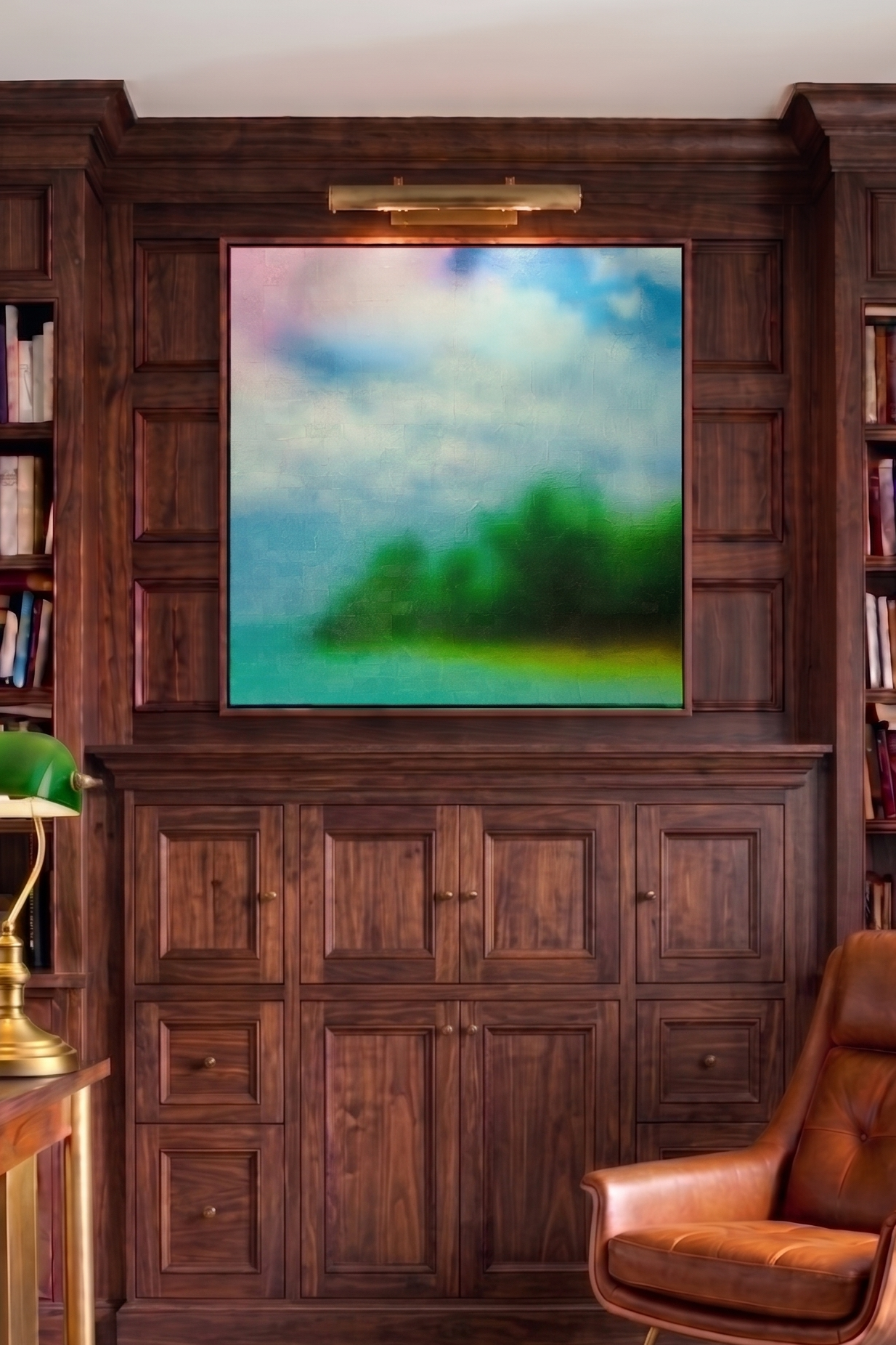 A placement example showing You Could Stay in a wood-paneled study, where the painting’s coastal calm takes on a more serious, collected presence.