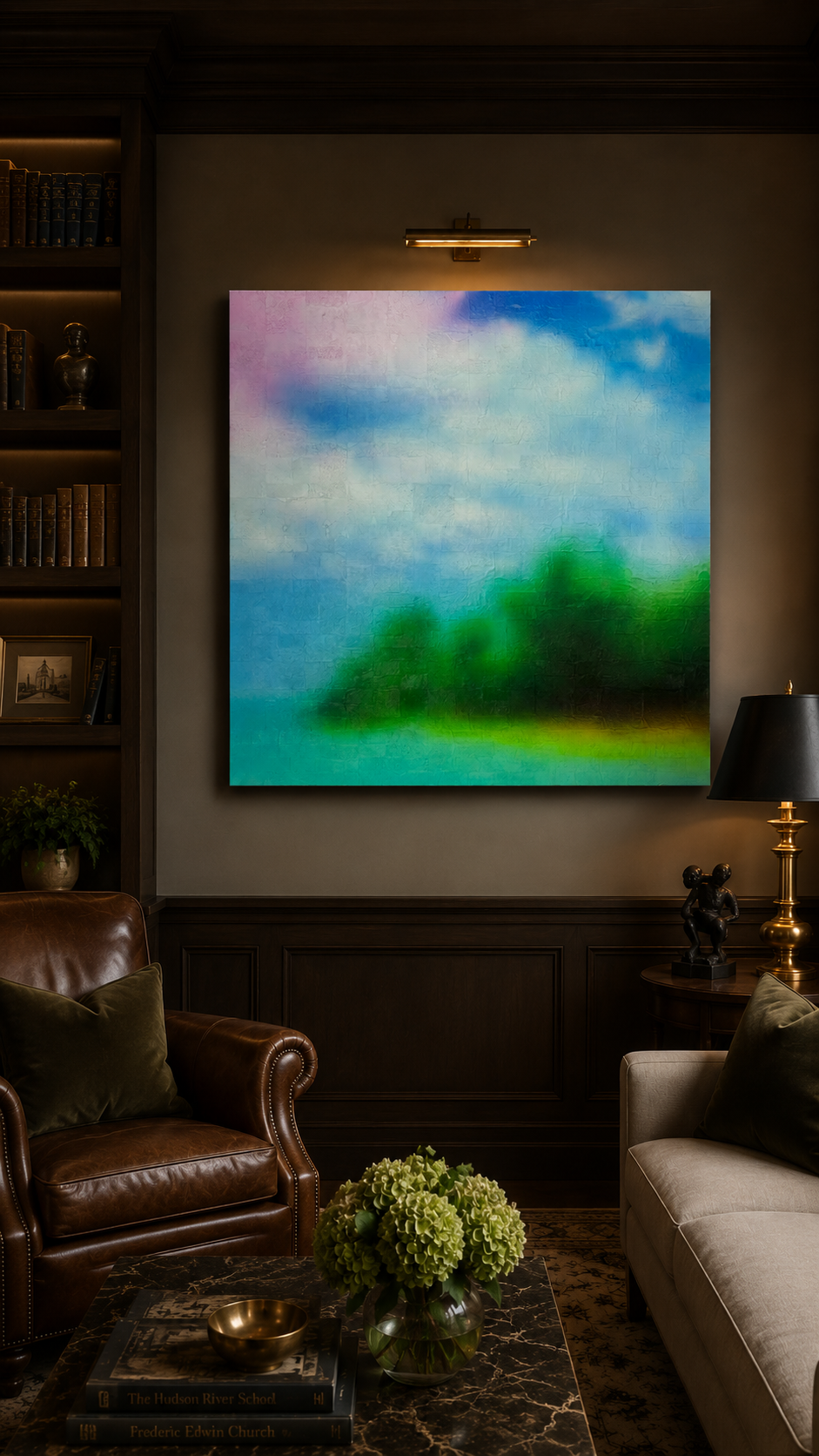 A placement example showing You Could Stay in a dark study, where the painting’s coastal calm takes on a more serious, collected presence.