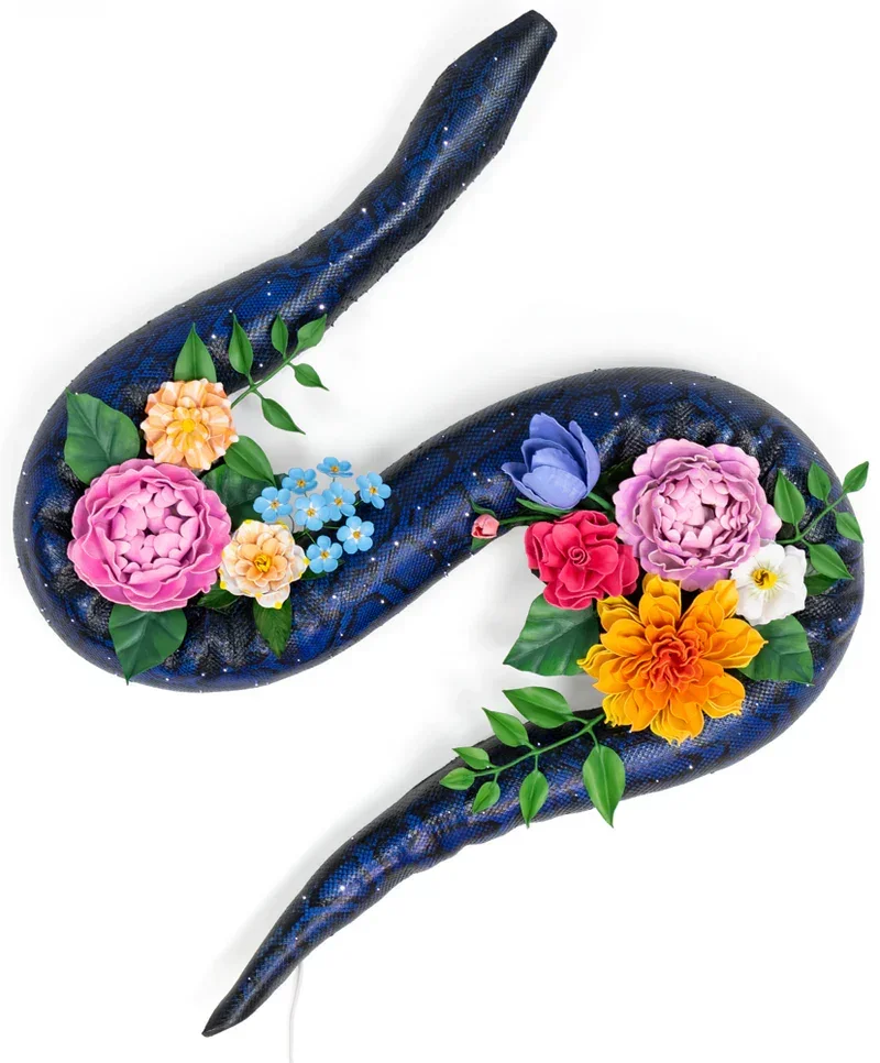 Last Night I Dreamt of Transformation
33 x 26 x 7 in
Invasive Burmese Python leather, leather, dye, acrylic, fiberoptic lights