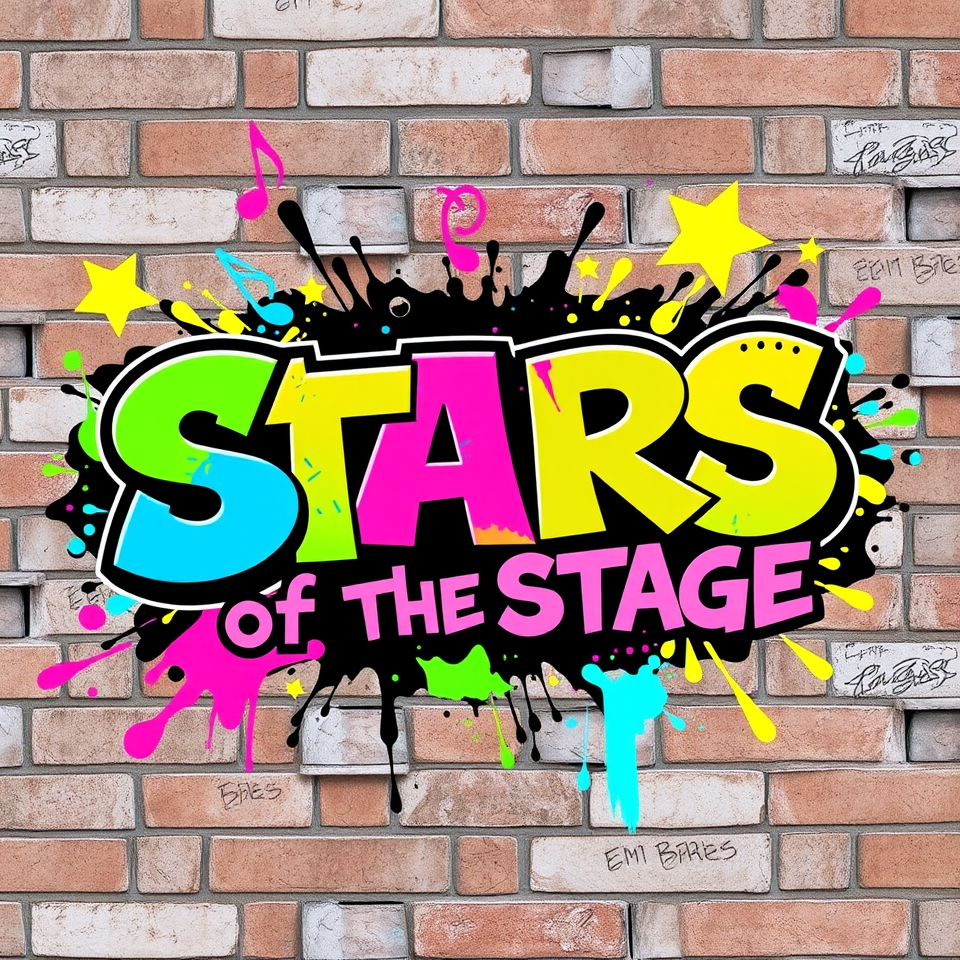 Colorful graffiti-style mural with the phrase "Stars of the Stage" on a brick wall, featuring bright colors and music-themed elements.