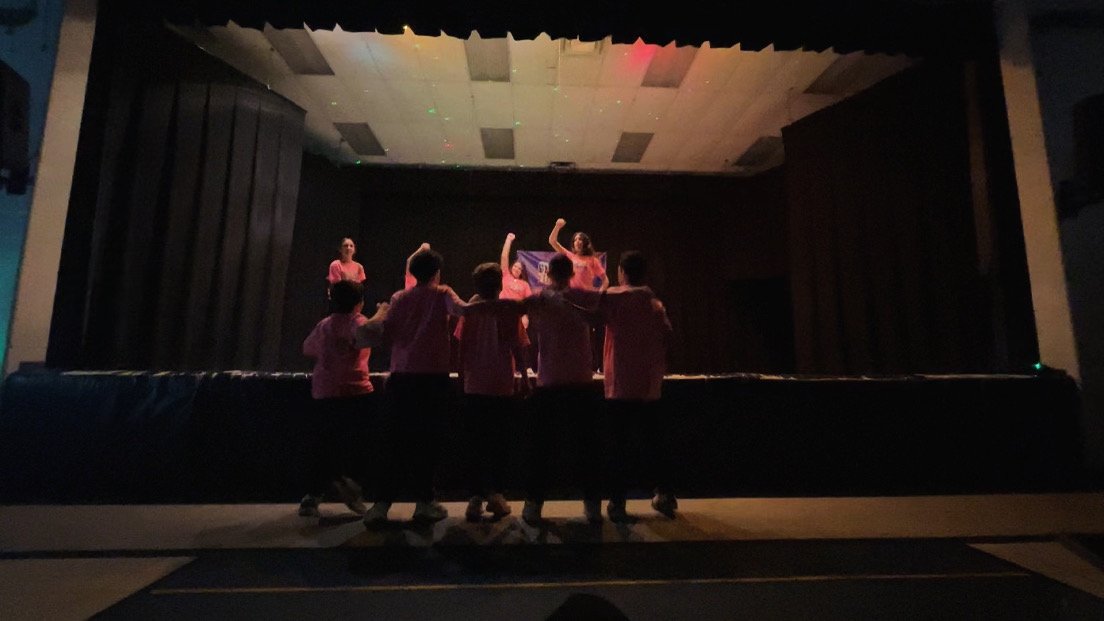 Group performance on stage with people in pink shirts, some holding a flag, in a dimly lit auditorium.
