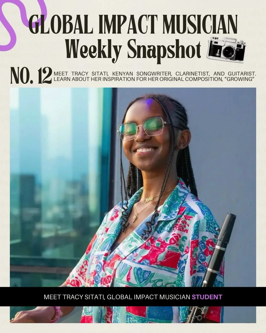 Meet Tracy Sitati, our Global Impact Musician from Nairobi, Kenya.

A songwriter, clarinetist, and guitarist, Tracy&rsquo;s original song &ldquo;Growing&rdquo; is a reminder to move through life one step at a time, without rushing the process.

Writt